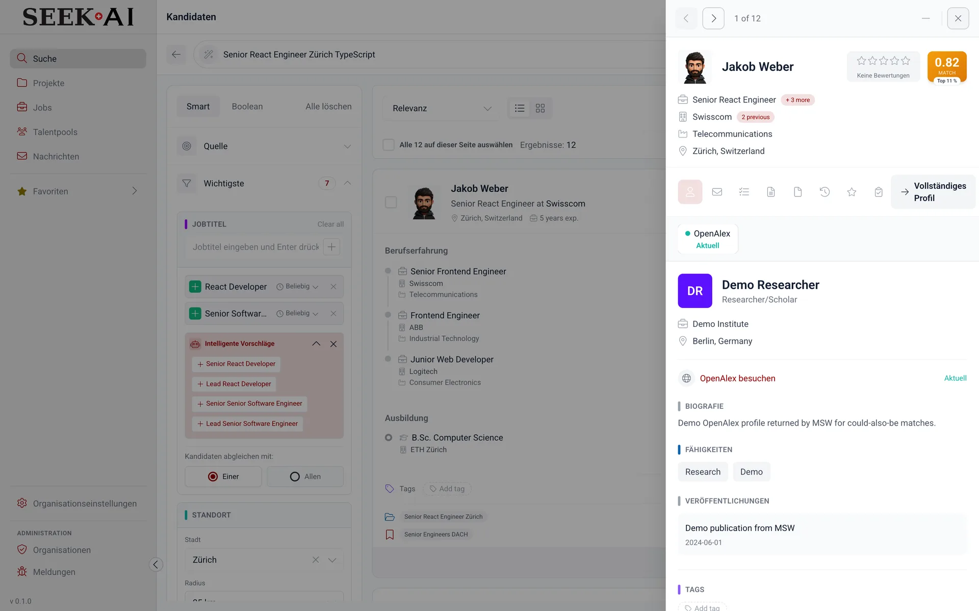 SEEK AI-Suchergebnisseite mit geöffneter Profil-Vorschau auf der rechten Seite.
