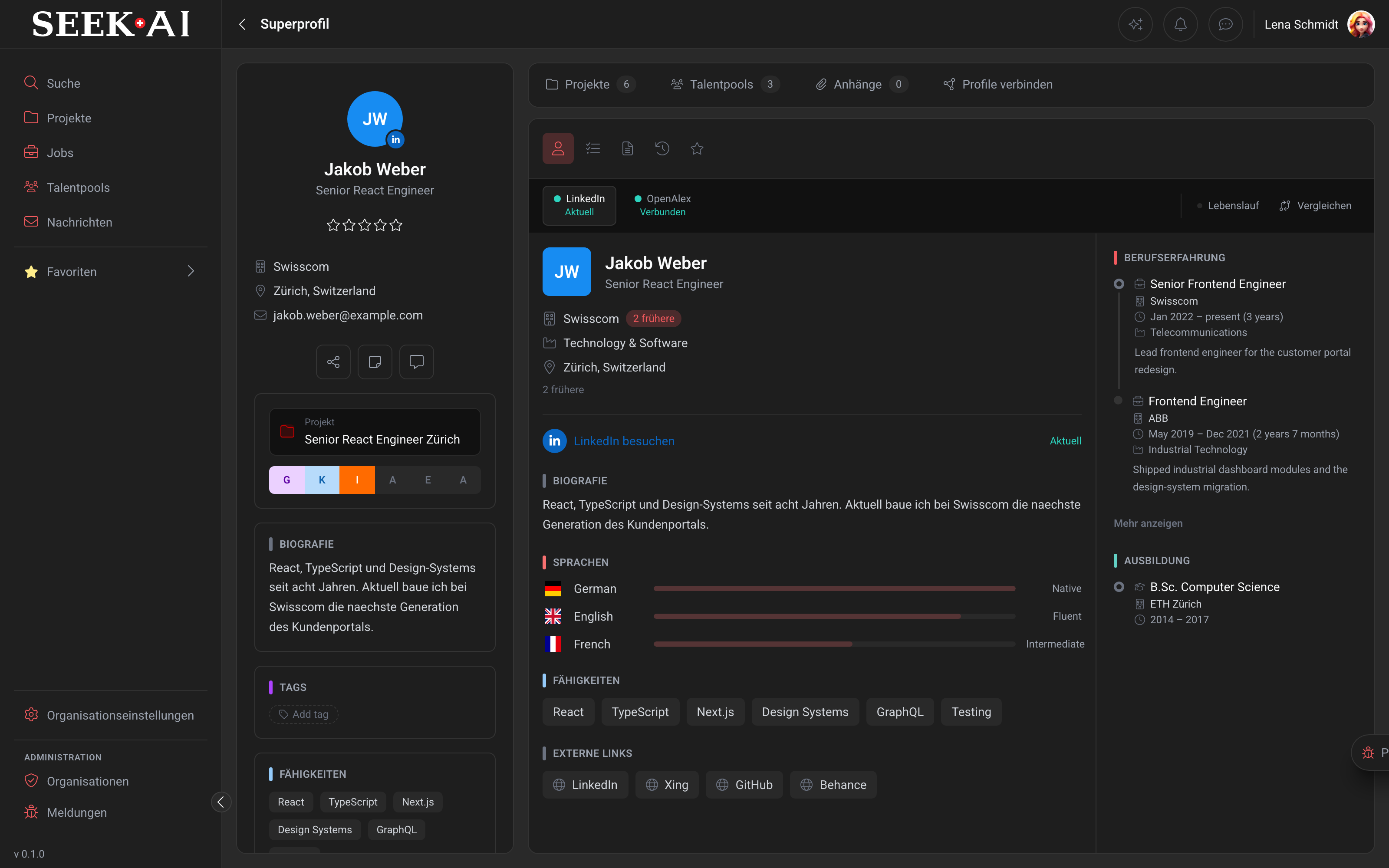 SEEK AI Super-Profil mit Tech Stack, Signalen und Kontaktwegen.