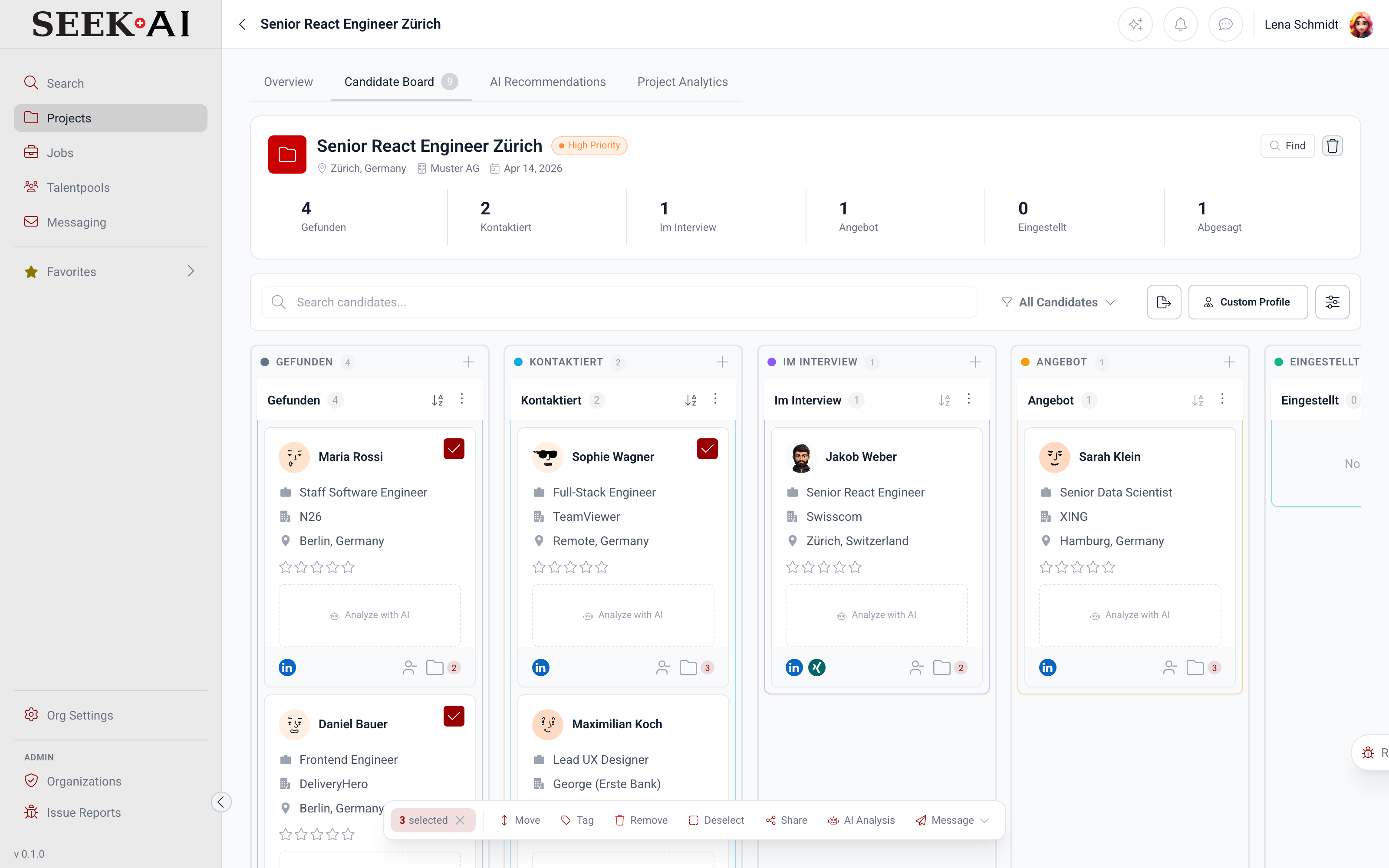 SEEK AI Project-Kanban mit Stages, Status und ausgewählten Kandidaten