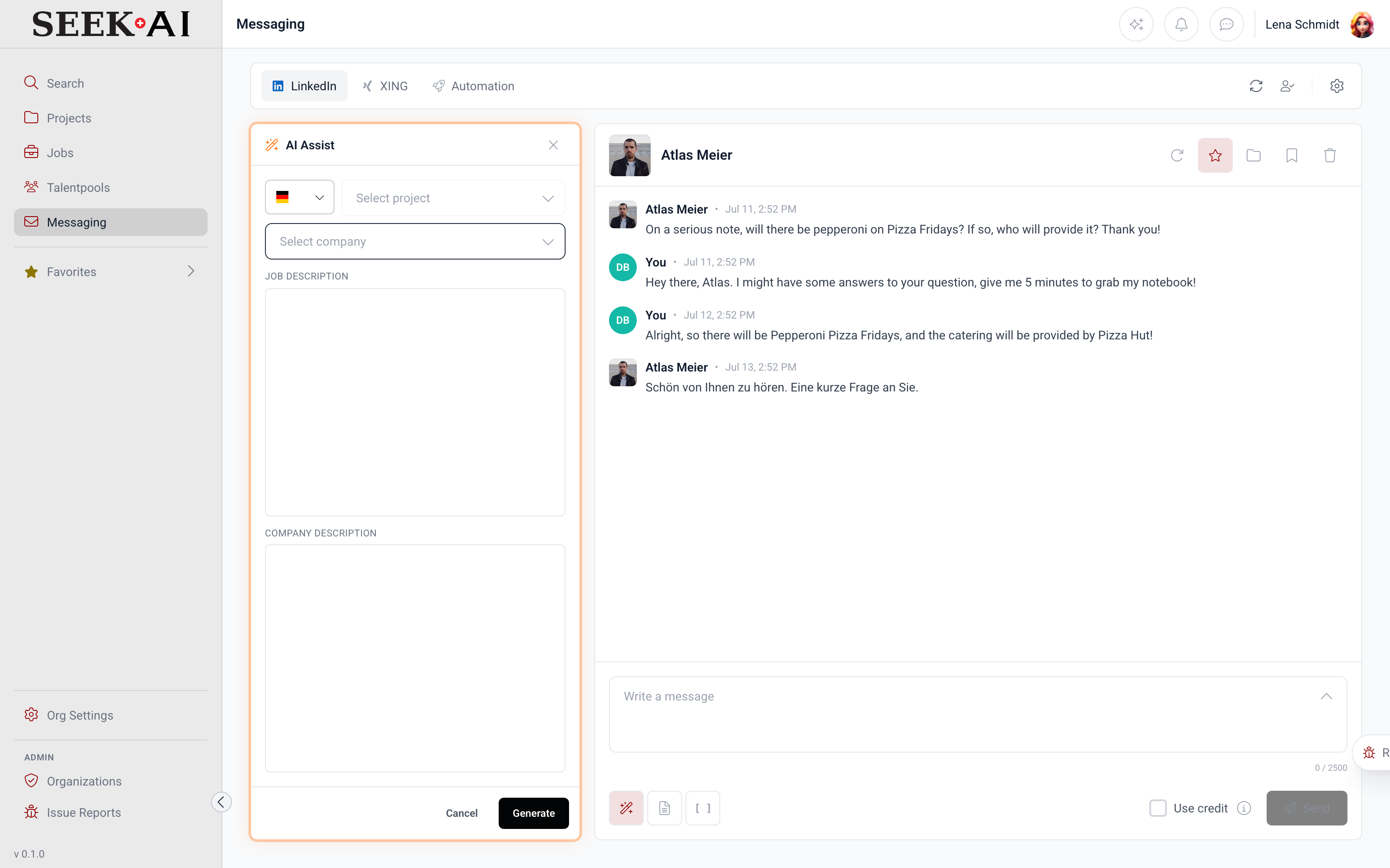 SEEK AI Messaging-Composer mit KI-generiertem Erstansprache-Entwurf