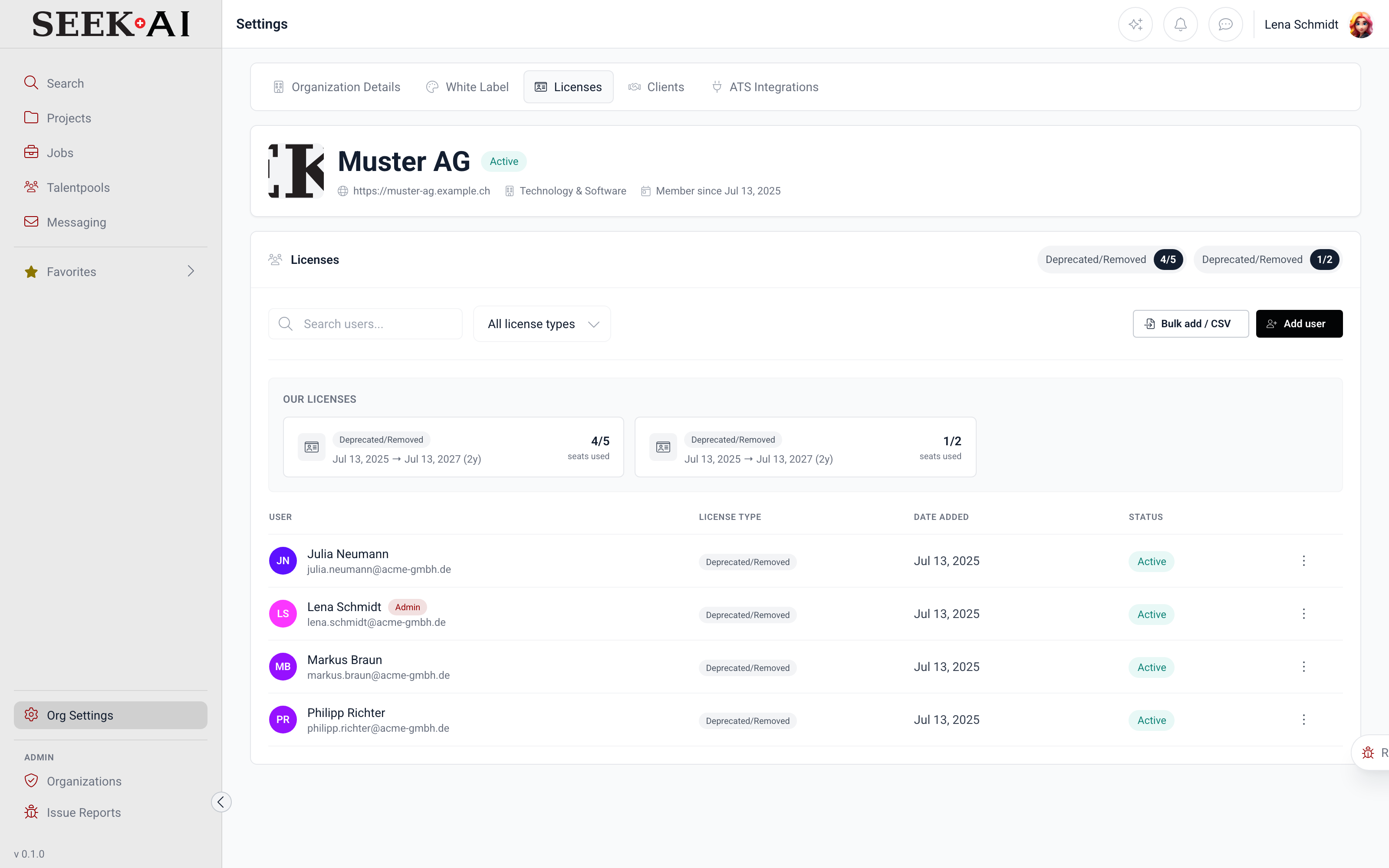 SEEK AI Org-Lizenzverwaltung mit konsolidierter Sitz- und Team-Übersicht