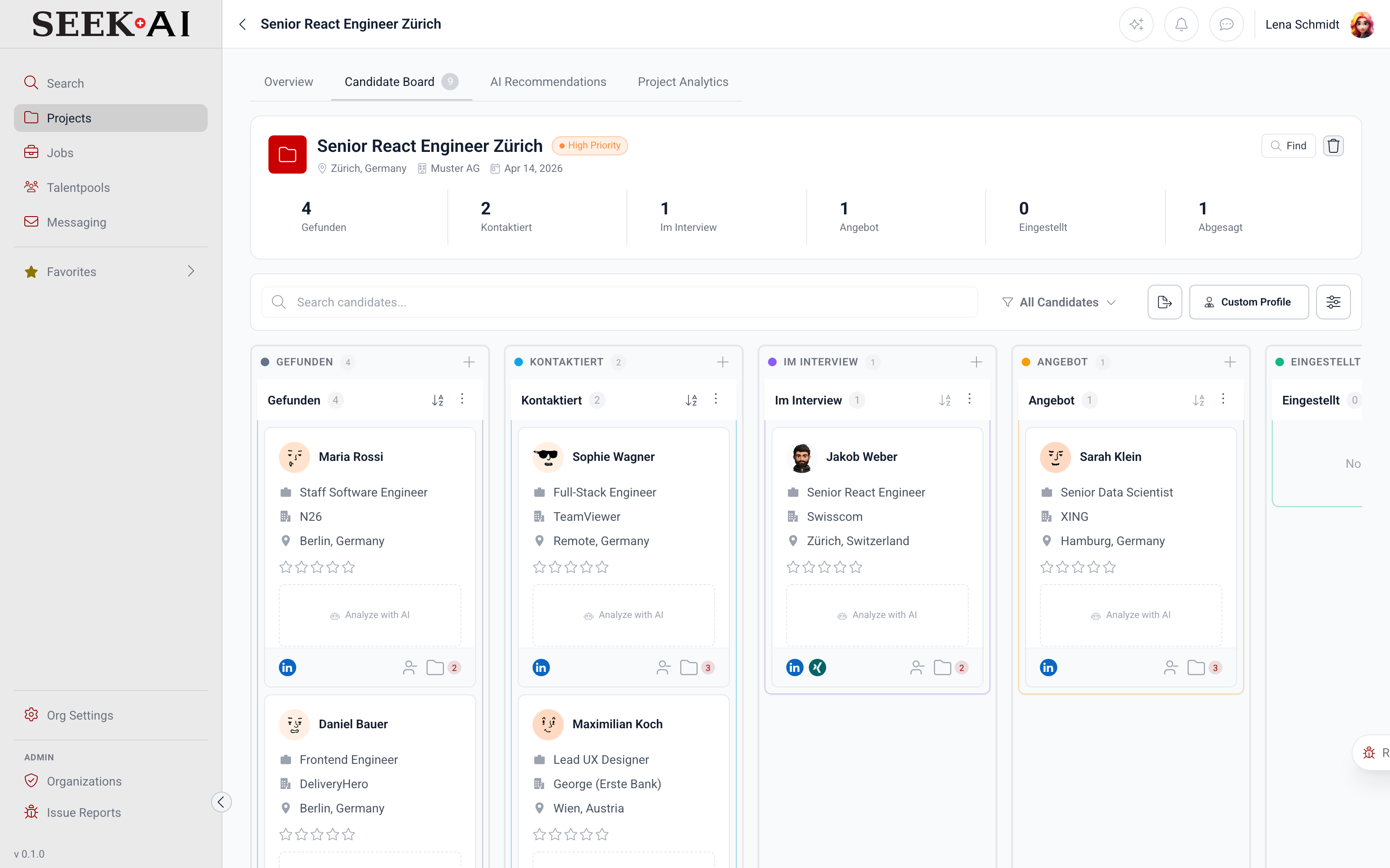SEEK AI Project-Funnel mit Stage-Counts und Aufgaben